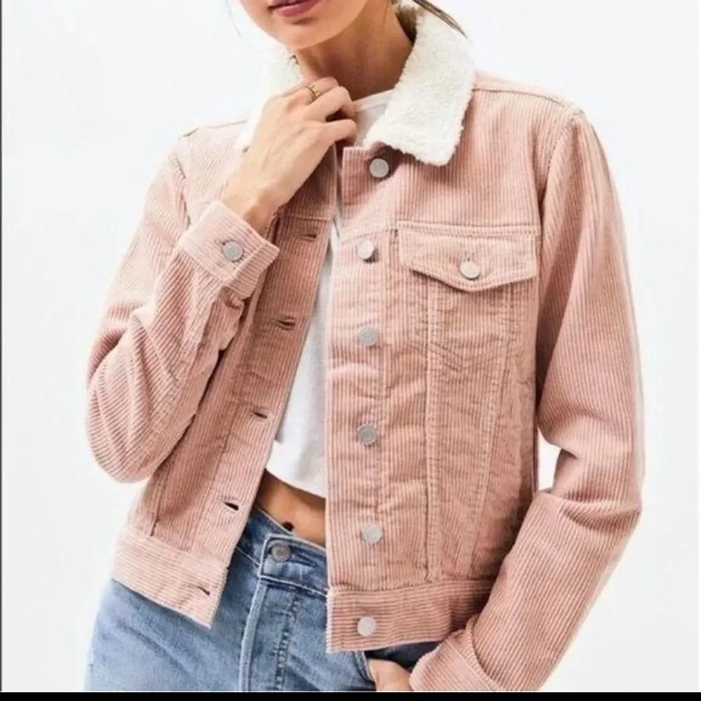 PacSun Pink Corduroy Sherpa Lined Trucker Jacket Faux Fur Oversized XS S - Picture 1 of 8
